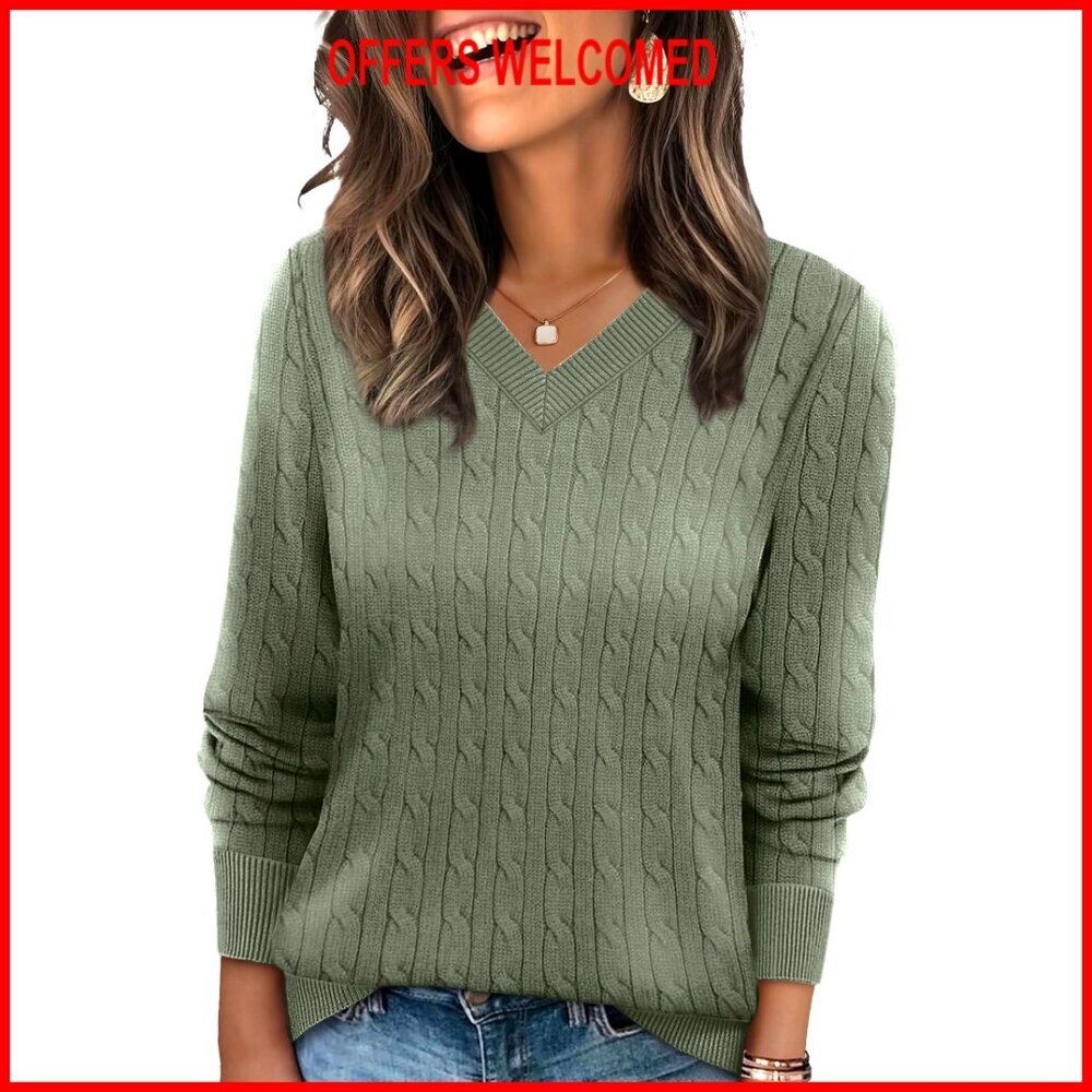 Cable Knit V-Neck Pullover Sweater, Polyester Blend, Business Casual